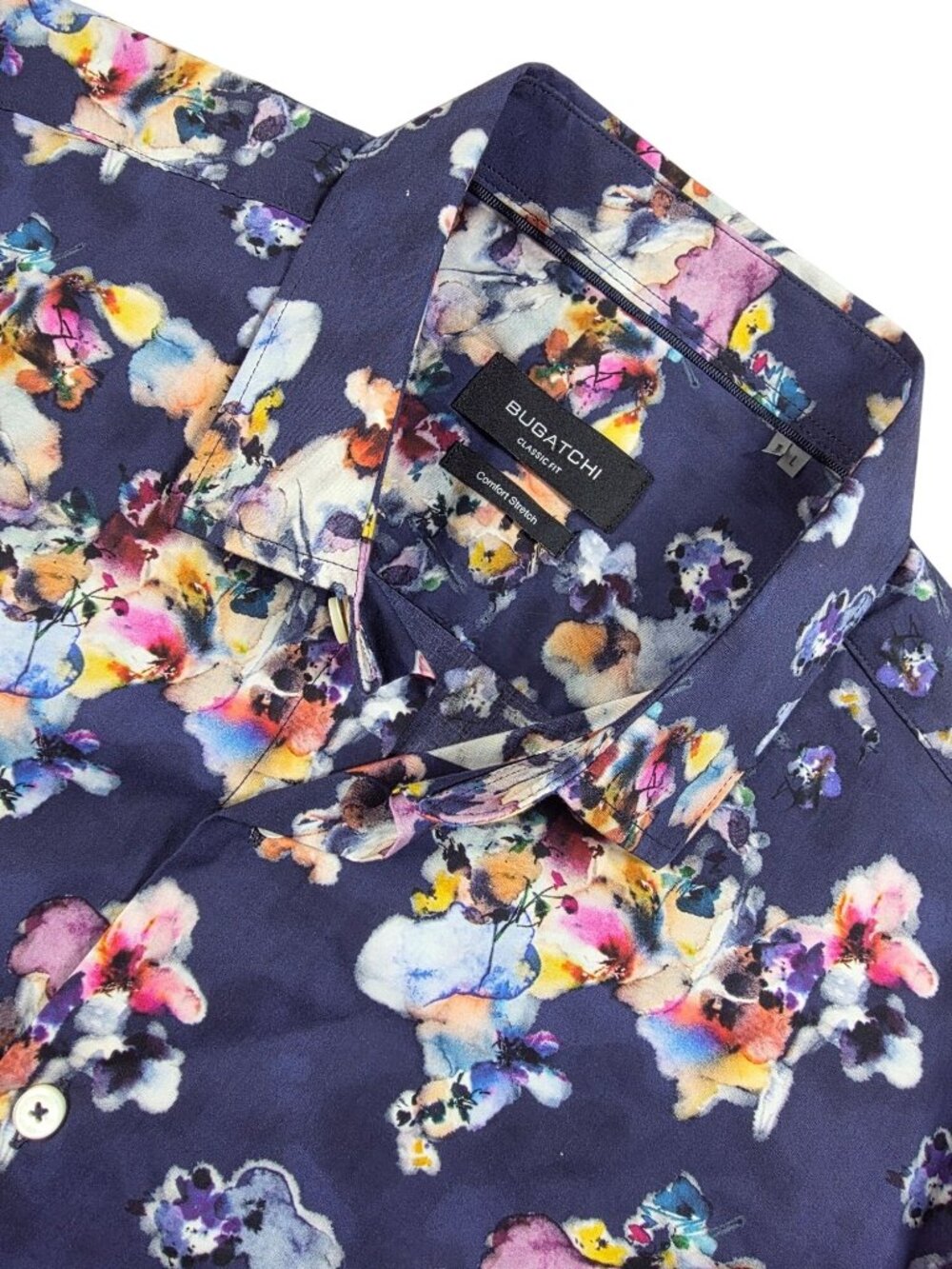 Bugatchi Mens Large Floral Print Comfort Stretch Shirt In Navy Multicolor